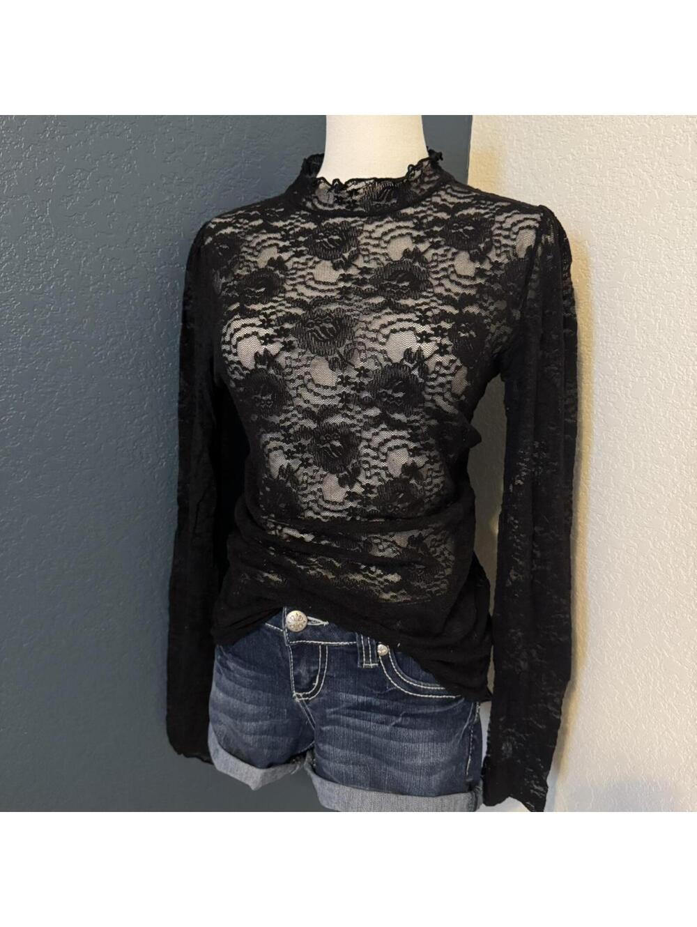 Intimately Free People Black Lace Layering Sheer Long Sleeve, Medium